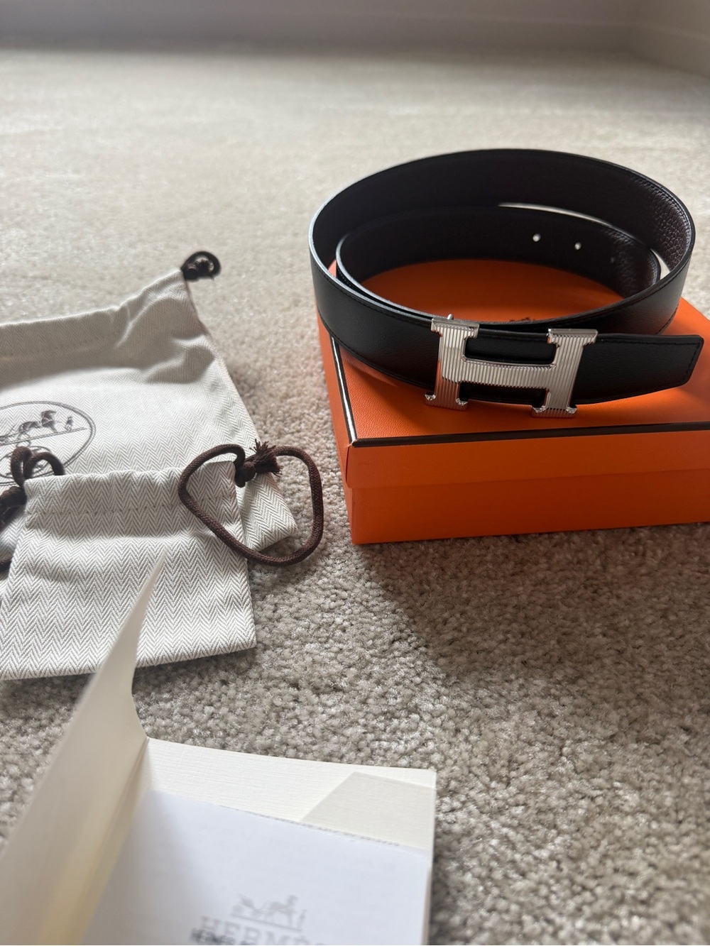 Hermès Reversible Black/Brown Leather H Belt Silver Buckle + Box & Receipt